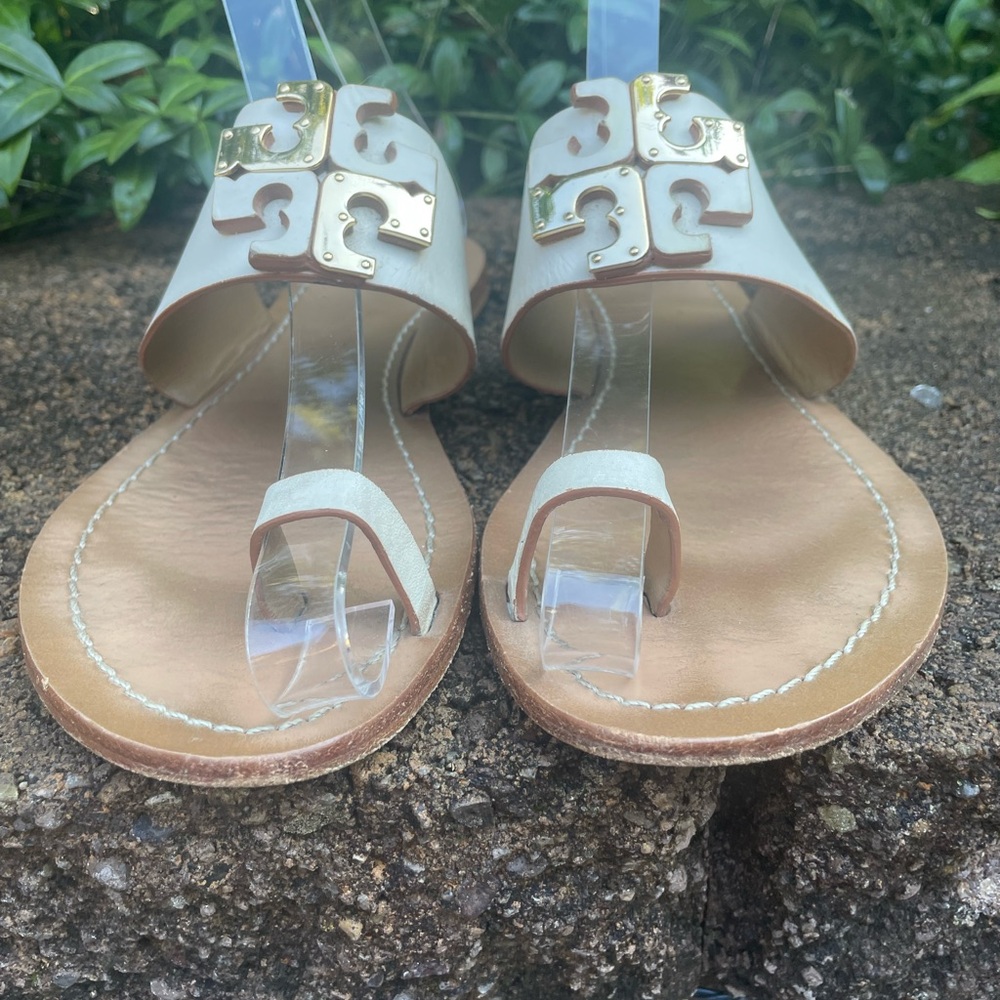 TORY BURCH Marcia Leather Toe Ring Slides Sandals Ivory Gold Size 5.5 - Picture 6 of 13